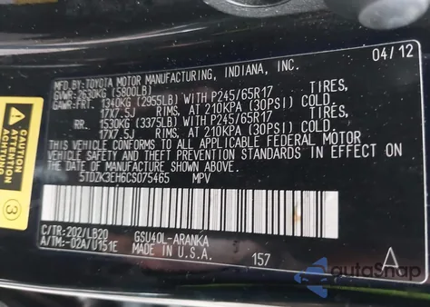 2012 Toyota Highlander Se V6 from USA, damaged, VIN 5TDZK3EH6CS075465